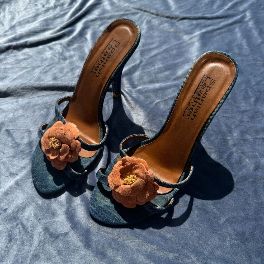 Spanish Leather Collection Sergio Zelcer Denim Flower Heeled Sandals Size 6.5-7